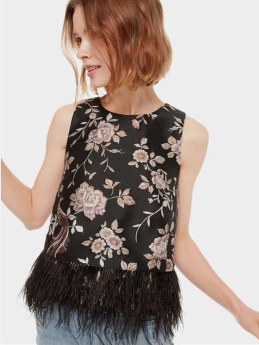 Kate Spade New York Madison Ave Chinoiserie Padma feather-trim jacquard top, Sz